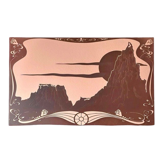 Hand-Etched Desert Mountain Landscape Blush Mirrored Wall Decor For Sale