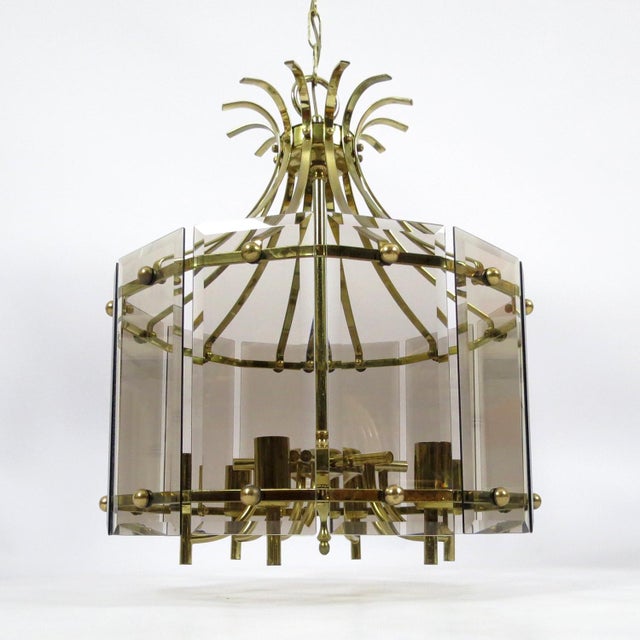 Brass & Smoked Glass Ceiling Lamp, 1970s For Sale - Image 3 of 8