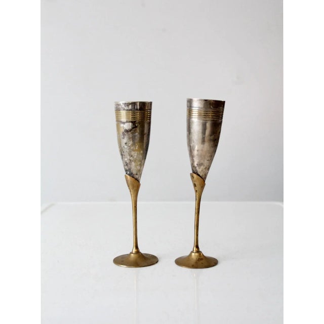Vintage Brass & Silver Plated Champagne Flutes Pair For Sale - Image 11 of 11