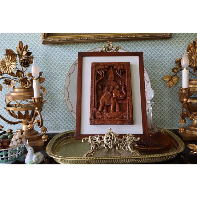 Vintage Southeast Asian Carved Teak Elephant & Temple Relief on Silk For Sale - Image 4 of 16