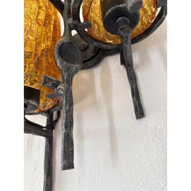 Metal Tom Ahlström & Hans Ehrlich Brutalist Torch Amber Murano Glass Sconces 1950 For Sale - Image 7 of 9