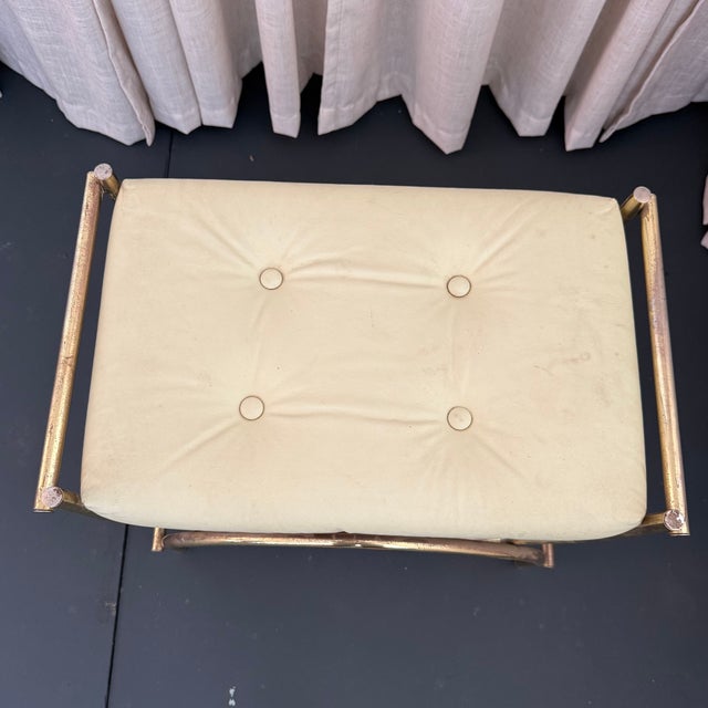 Hollywood Regency Brass Toned Tufted Vinly Curule Vanity Stool For Sale - Image 4 of 7
