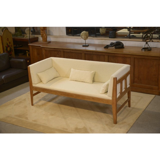 Oak and Ecru Bouclé Sofa by Guillerme et Chambron for Votre Maison, 1960s For Sale - Image 13 of 13