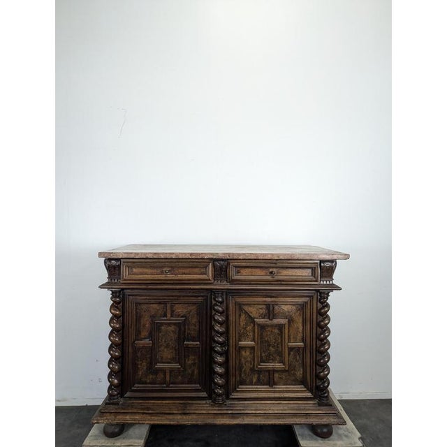 Louis XIII Style Walnut Buffet with Twisted Columns and Pink Marble Top, in Very Good conditions.
