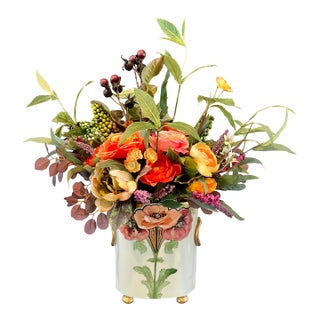 Deco Poppy Motif French Limoges Vase With Bright Array of Faux Florals For Sale