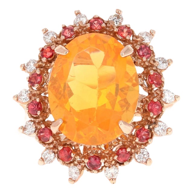 3.83 Carat Oval Cut Fire Opal Sapphire Diamond Yellow Gold Cocktail Ring Size 7 For Sale