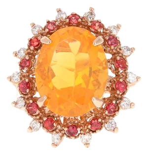 3.83 Carat Oval Cut Fire Opal Sapphire Diamond Yellow Gold Cocktail Ring Size 7