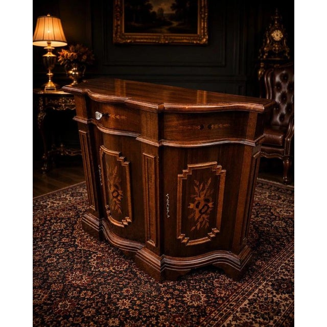 Antique Walnut Serpentine Sideboard with Floral Marquetry Inlay, 1900 For Sale - Image 3 of 9