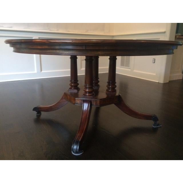 Theodore Alexander rare Essential Wood Flame Mahogany Brass Round Dining Table with unique curved leaves that allow the...