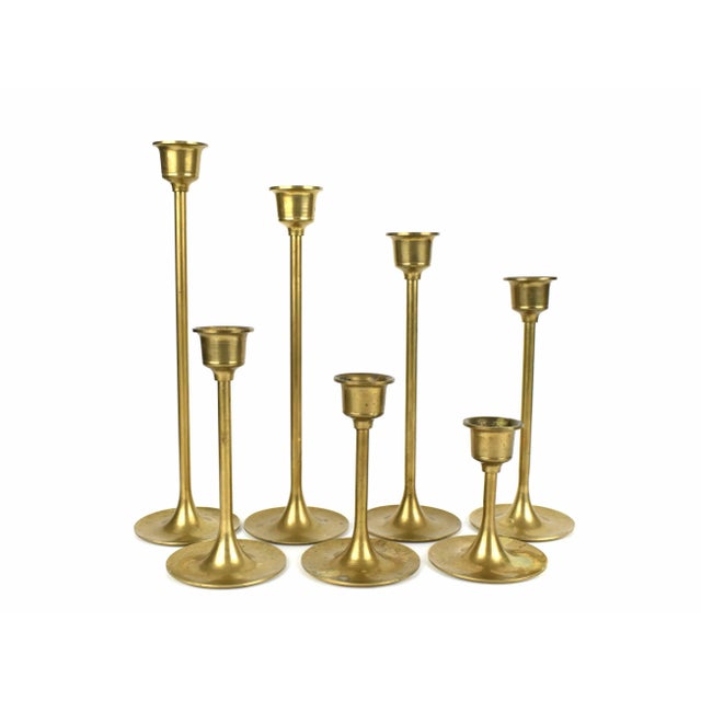 Mid-Century Modern Mid 20th Century Solid Brass Candlestick Candle Holders in Staggered Heights- Set of 7 For Sale - Image 3 of 4