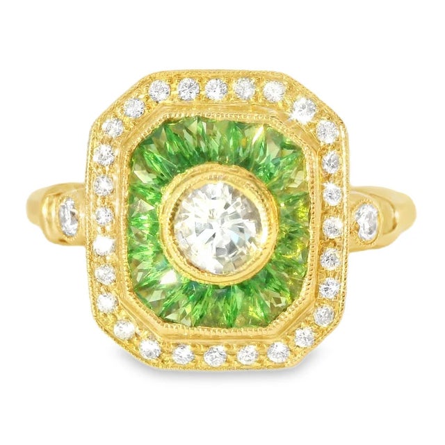 Art Deco 14K Yellow Gold White Sapphire Tsavorite Diamond Mosaic Ring Art Deco Estate For Sale - Image 3 of 3