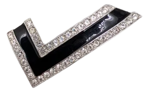 Vintage 1980s Signed Alexis Kirk Black Enamel & Clear Rhinestone v Shape Brooch