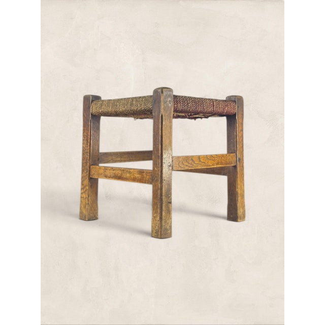 Brown Antique English Oak Stool With Woven Rush Top For Sale - Image 8 of 8