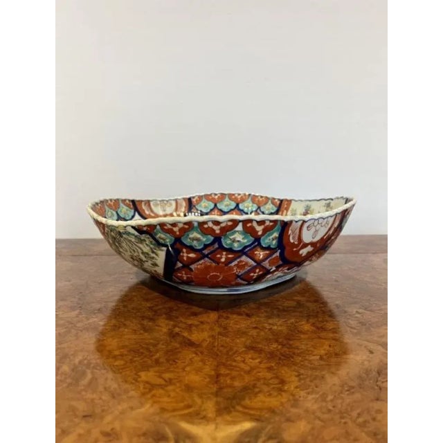 Unusual large antique Japanese quality Imari bowl with wonderful fan decoration in fantastic red, green, white, blue and...
