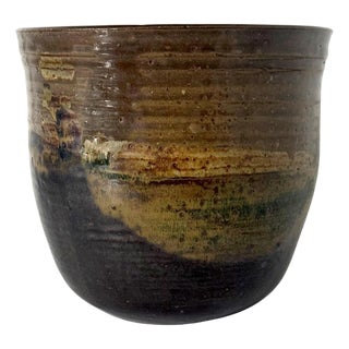 Large Ceramic Glazed Vase in Cachepot Form by Toshiko Takaezu For Sale