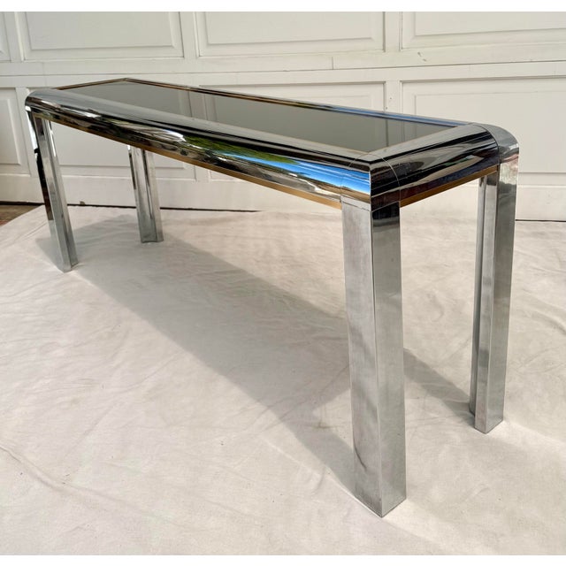 1970's Chrome and Brass Console With Mirrored Top Attributed to Paul Evans For Sale In Los Angeles - Image 6 of 12