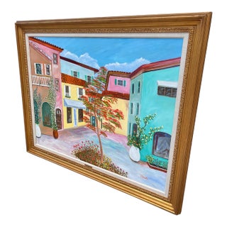 1980s Francis Downs Original Oil Painting of Colorful Mediterranean-Style Courtyard, Framed, 54” For Sale