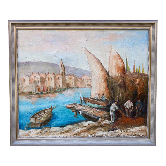 Antique French Signed Original Sailboat Oil Painting For Sale