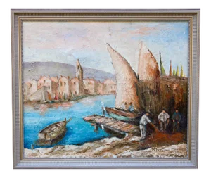 Antique French Signed Original Sailboat Oil Painting