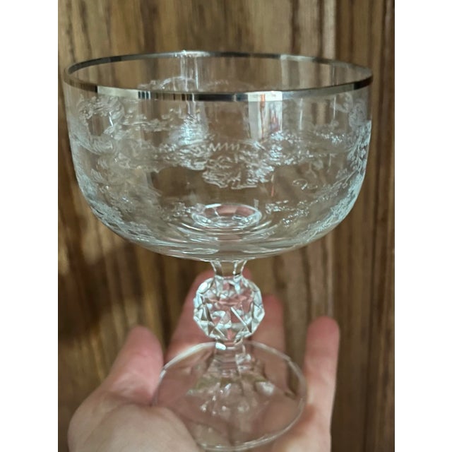 Vintage Etched Crystal Champagne Coupes With Platinum Rim, Faceted Stem Barware – Set of 2 For Sale In Indianapolis - Image 6 of 9
