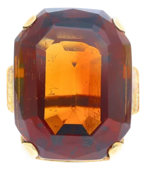 98.96 Carat Emerald Cut Citrine in 14k Yellow Gold Retro Ring, Size 5