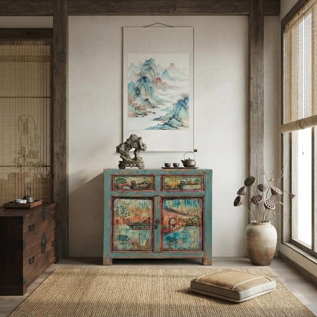 Chinese Distressed Turquoise Blue Old Graphic Credenza Cabinet For Sale - Image 11 of 11