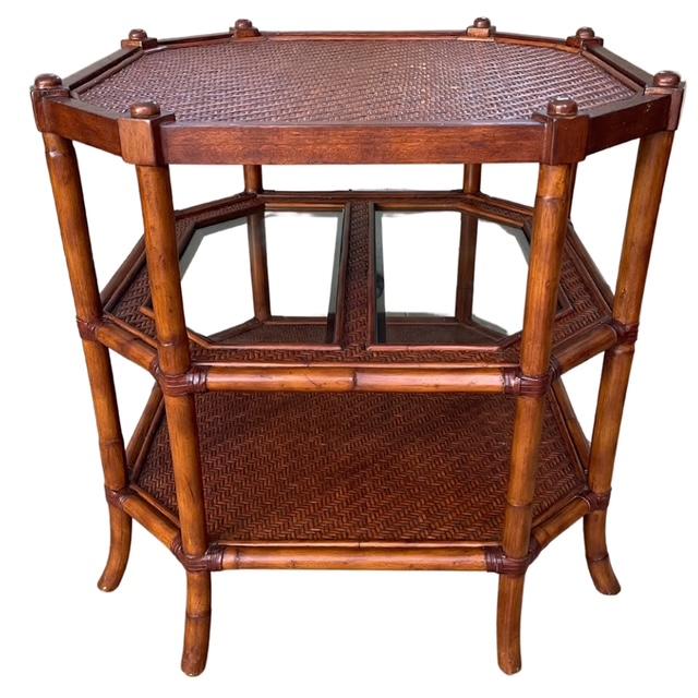 Palm Beach Regency Octagonal 3-Tier Faux Bamboo Side Table With Woven Rattan & Glass For Sale - Image 4 of 10