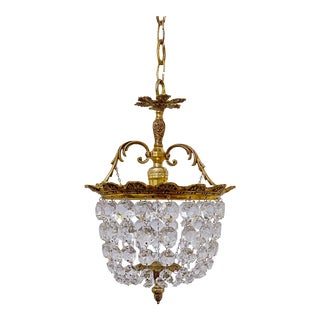 1920s Brass Crystal Basket Pendant Light For Sale