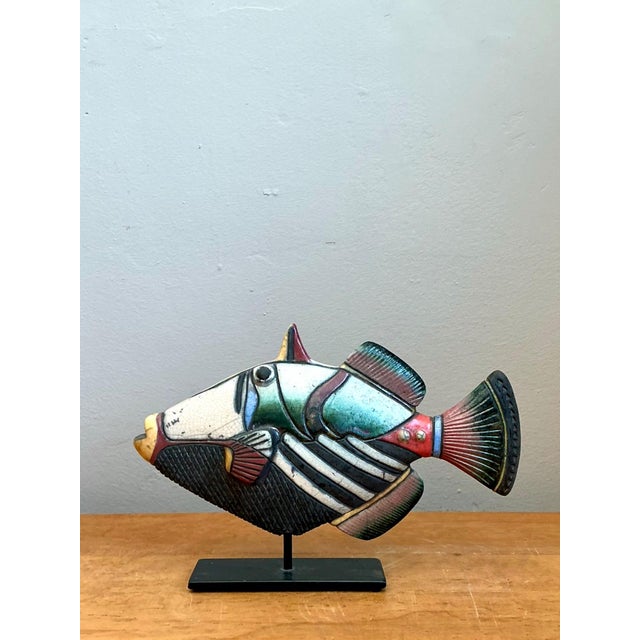 Turquoise Vintage Hand Painted Ceramic Fish Sculpture on Stand For Sale - Image 8 of 14