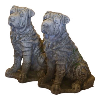 Pair of Vintage French Weathered Stone Shar-Pei Garden Dog Sculptures For Sale