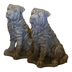 Vintage French Outdoor Weathered Carved Stone Shar Pei Dog Sculptures - Set of 2