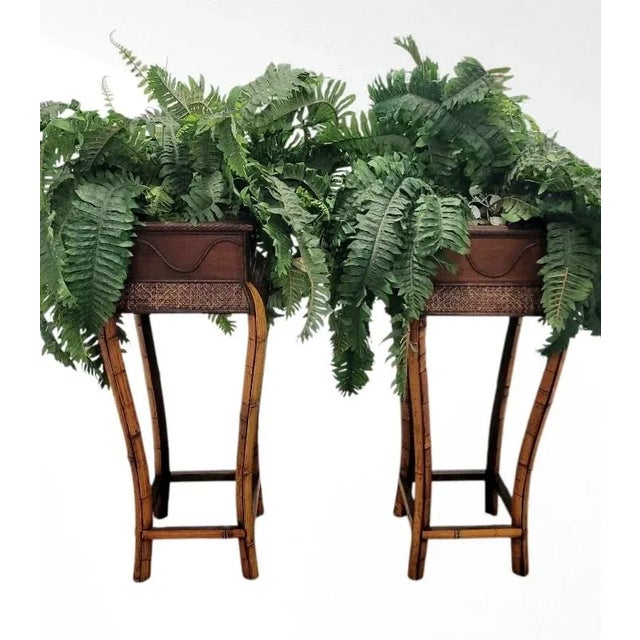 1990s 1990s Coastal Regency Wicker Bamboo Tall Artificial Fern Filled Floor Planters- A Pair For Sale - Image 5 of 10