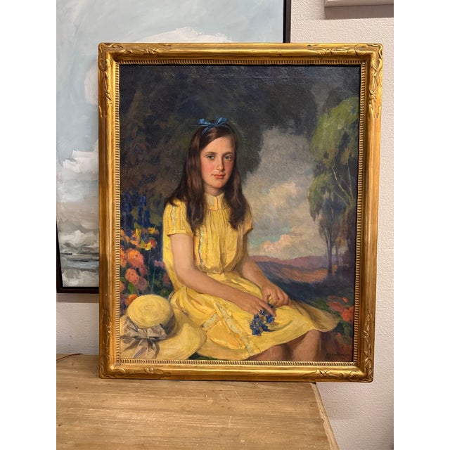 Yellow Antique Oil Painting " Girl in Yellow Dress" Portrait by WMJ Edmondson 1930 Large Painting Gold Frame For Sale - Image 8 of 10