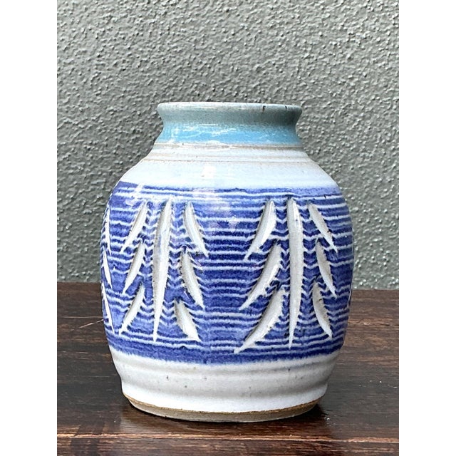 Handcrafted Blue Ceramic Leaf Motif Vase For Sale In West Palm - Image 6 of 14