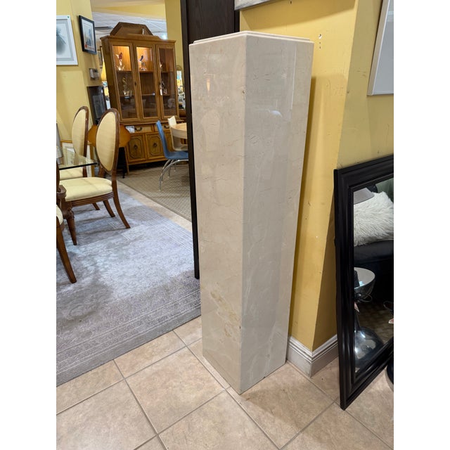 Contemporary Vintage Minimalist Solid Cream Marble Plinth Pedestal Column For Sale - Image 3 of 7