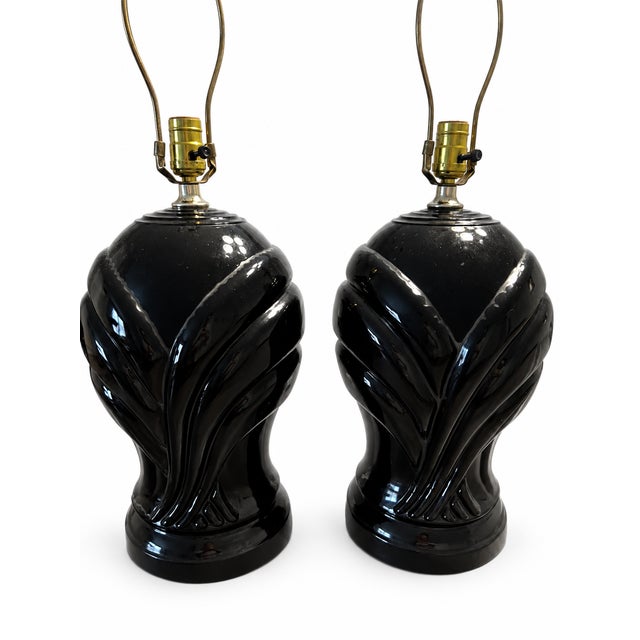 Art Deco Vintage 1980s Postmodern Black Glazed Ceramic Table Lamps — Pair For Sale - Image 3 of 9