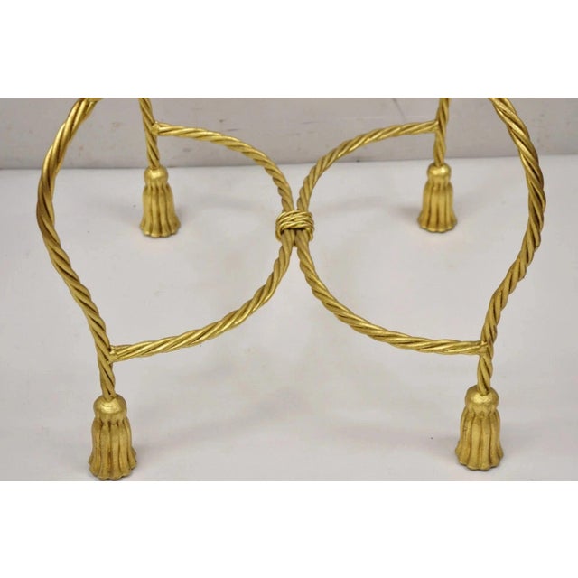 Mid 20th Century Vintage Italian Hollywood Regency Gold Gilt Iron Rope Tassel Vanity Bench Chair For Sale - Image 5 of 11