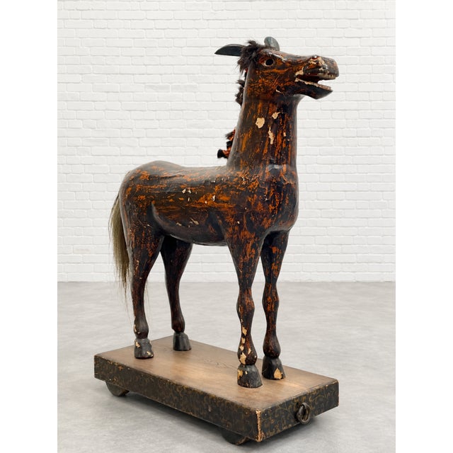 Antique European Hand Carved Wooden Horse Folk Art Sculpture on Wheeled Base For Sale - Image 11 of 16