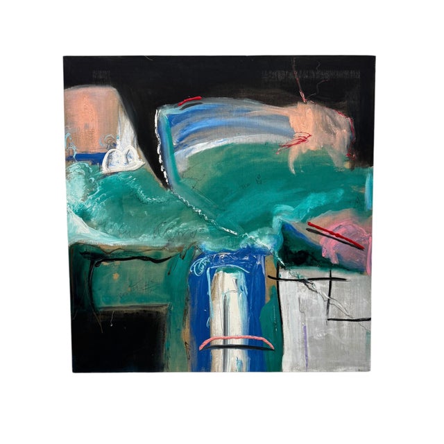 Large-scale pair of abstract paintings from 1983, each measuring 48" x 50". These bold companion works have a moody,...