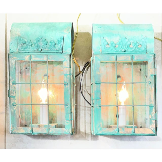 Turquoise Funky Artistic Hand-Crafted Solid Copper Wall Lanterns. For Sale - Image 8 of 15