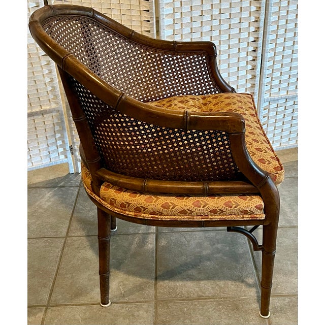 Mid 20th Century Mid 20th Century Faux Bamboo and Cane Barrel Chairs With Blockprint Upholstery - Set of 4 For Sale - Image 5 of 12