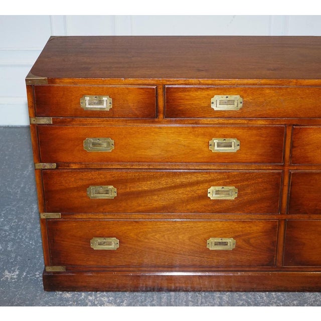 Vintage Yew Wood Military Campaign Sideboard Bank of Drawers with Brass Handles For Sale - Image 4 of 18