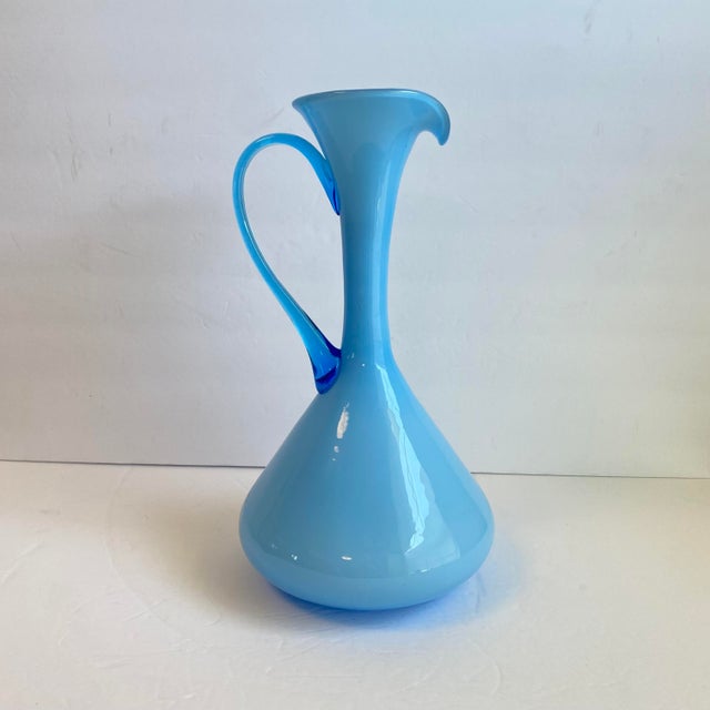 Italian Art Glass Pitcher Sky Blue Cased Glass Turquoise Vessel Attributed to Empoli Italy No maker marks or labels,...