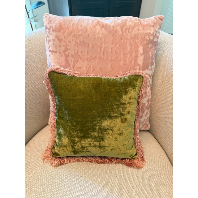 Textile Anke Drechsel Olive Green Silk Velvet Pillow With Blush Fringe Trim For Sale - Image 7 of 8