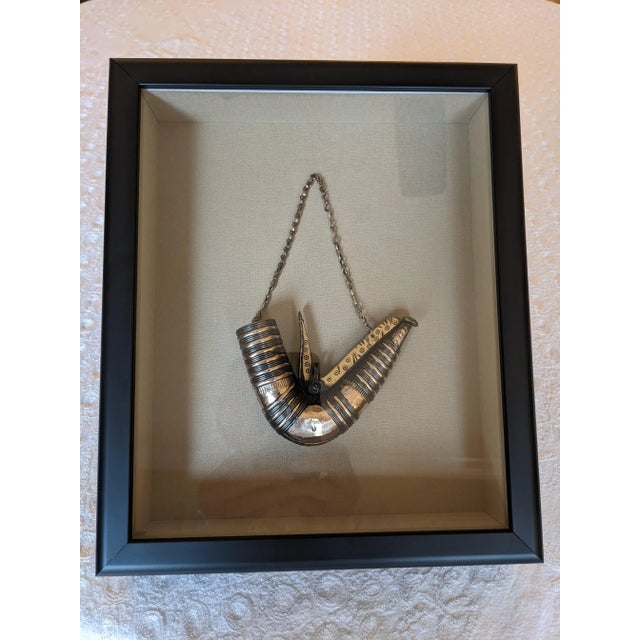 Vintage Early 20th Century Metal Powder Horn From Yemen in Shadow Box Frame For Sale - Image 13 of 13