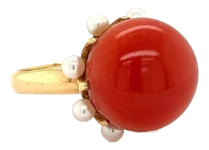 Coral & Seed Pearls Cocktail 14k Yellow Gold Ring - Size 5