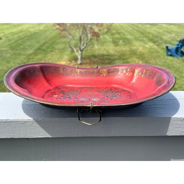 Metal 19th C. Red + Gilt and Green Toleware Serving Bowl - Paint Decorated - 12.75" For Sale - Image 7 of 12