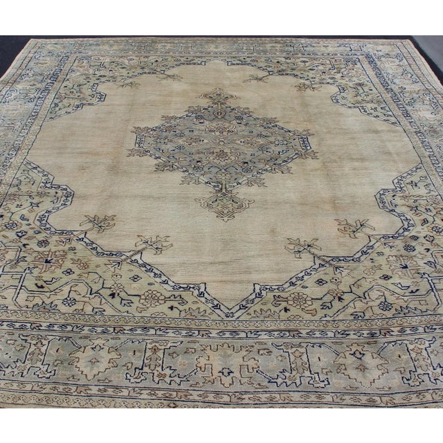 Tribal Early 20th Century Antique Turkish Oushak With Geometric Motifs in Champagne Field and Accent Blue For Sale - Image 3 of 12