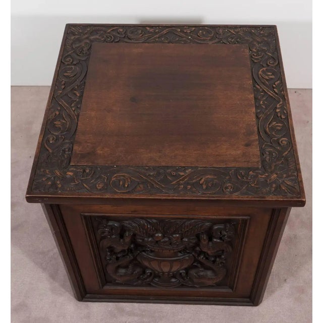 Rustic Vintage Black Forest Hand Carved Wood Box With Dolphin and Urn Decorations For Sale - Image 3 of 5