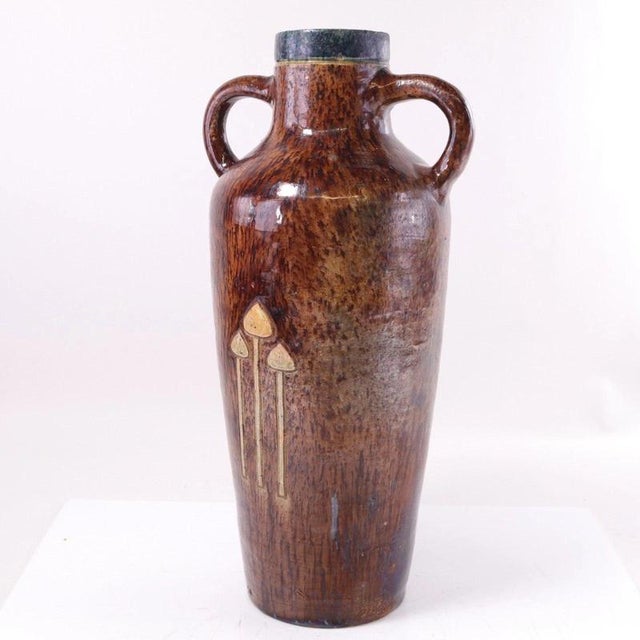 Antique Belgian Majolica Art Pottery Twin-Handled Vase with Toadstool Motif For Sale - Image 5 of 14